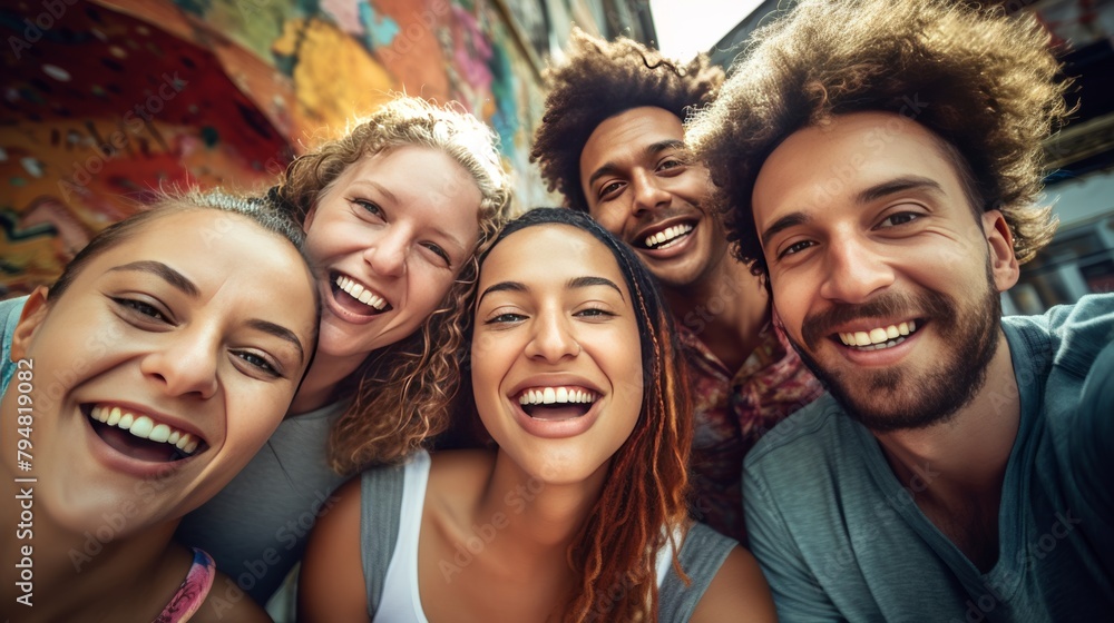 A group of diverse friends taking a selfie against a colorful graffiti wall, A group of diverse friends taking a selfie against a colorful graffiti wall,