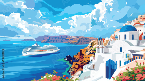Santorini island Greece. Cruise ship near the coast.