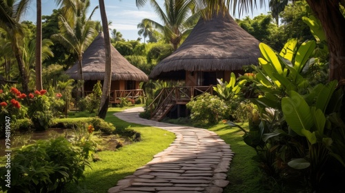 A winding pathway meanders through a lush tropical garden, leading to traditional huts