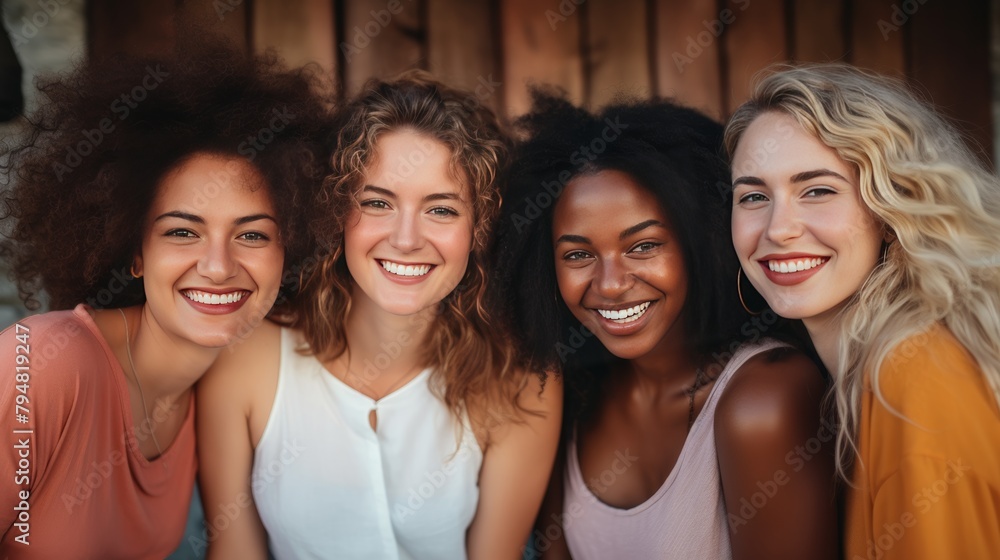 Fototapeta premium A group of multicultural female friends, their smiles reflecting the joy of diversity and shared experiences.