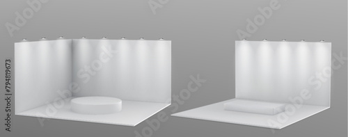 Booth stand with walls and floor, platform and spotlights 3d mockup. Realistic vector illustration set of white studio or exhibition room interior template for products display on tradeshow event.