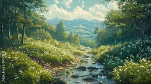 Tranquil mountain brook meanders amid verdant woods
