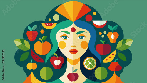 A mosaic of colorful vegetables and fruits forming the shape of a womans face representing the nourishment and benefits of using organic and