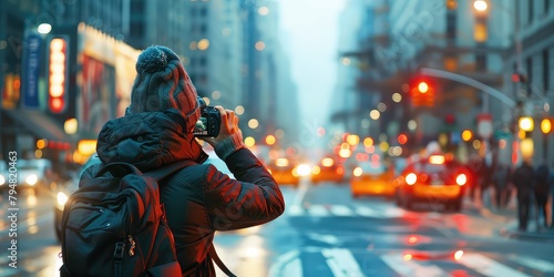 A photographer capturing the energy of a bustling city street with lights and movement. 