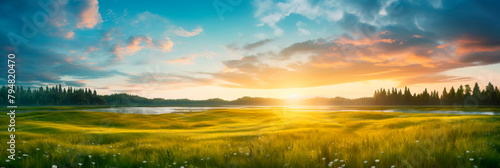 Meadow Sunrise scenic panorama with a sun-kissed meadow, showcasing the beauty of morning light. © Maximusdn