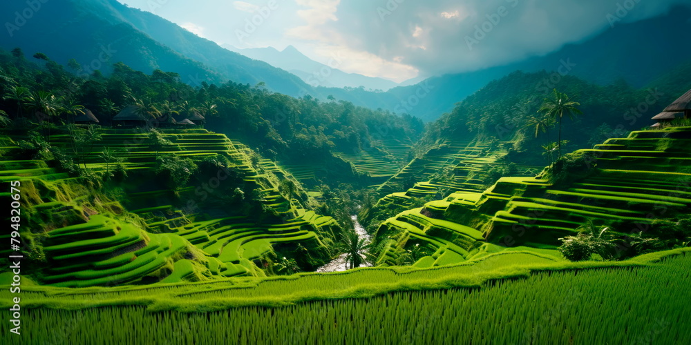 Rural landscapes with intricate rice terraces, where lush green fields cascade down hillsides.