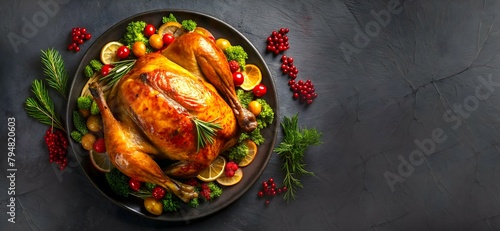 A turkey recipe is served on a dark background from top view representing thanksgiving