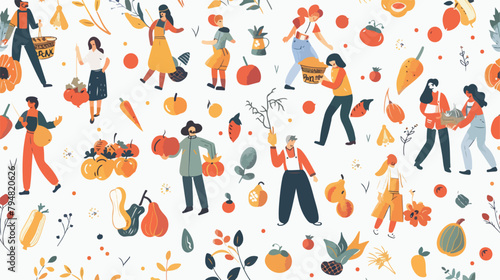 Seamless pattern with people gathering crops in autum