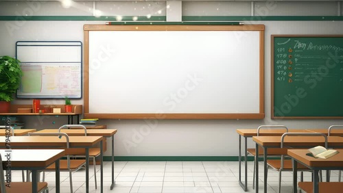 Animation empty school or university classroom with big chalkboard. seamless 4k video background. generated with ai