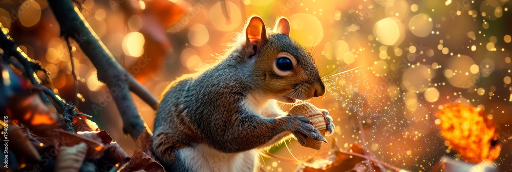 A close-up of a squirrel wielding an acorn wand, nestled in a tree with leaves that shimmer like fairy dust. A close-up of a squirrel wielding an acorn wand, nestled in a tree with leaves that shimmer like fairy dust.