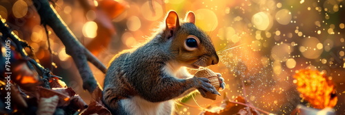 A close-up of a squirrel wielding an acorn wand, nestled in a tree with leaves that shimmer like fairy dust.