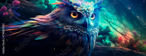 owl with feathers that mimic the northern lights, perched in an enchanted grove filled with vibrant hues.