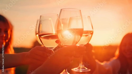 Wine and Champagne Glasses on Table,girls are clinking with glasses of champagne