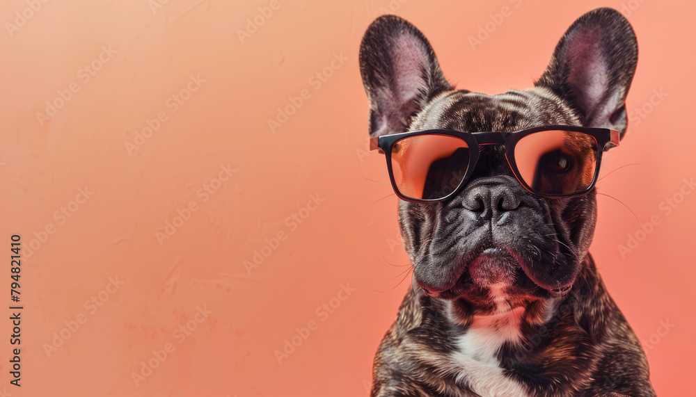 A dog wearing sunglasses and standing in front of an orange background by AI generated image