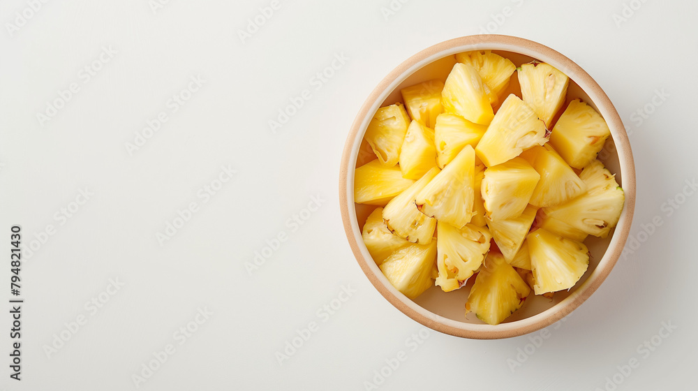 Pineapple chunks in a bowl on a white table top view space on the left Pineapple chunks in a bowl on a white table top view space on the left