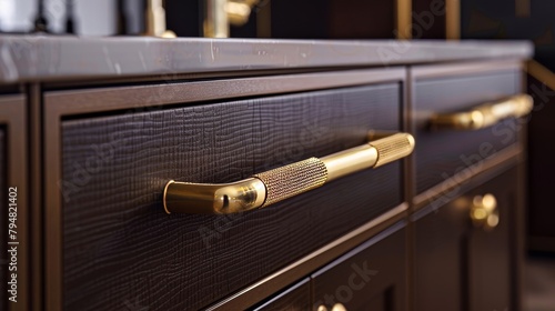 Golden handles on brown cabinet doors, a perfect example of modern luxury with a vintage touch