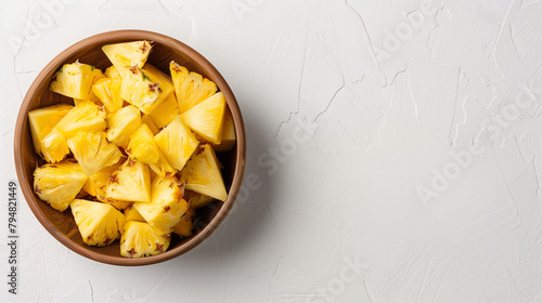 Pineapple chunks in a bowl on a white table aerial view space on the right photo