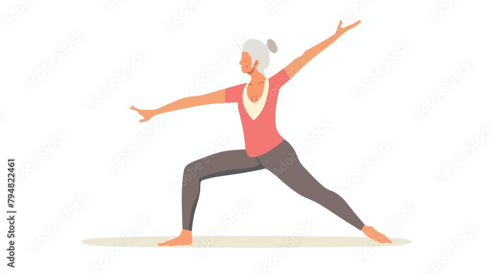 Senior woman stretching her arms in powerful warrior