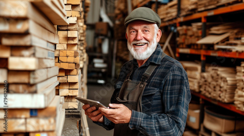Cheerful senior man with a beard smiling in a lumber warehouse.