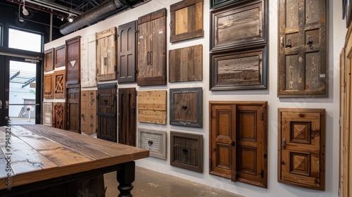 Market display featuring an array of wood cabinet doors, where contemporary style meets vintage luxury