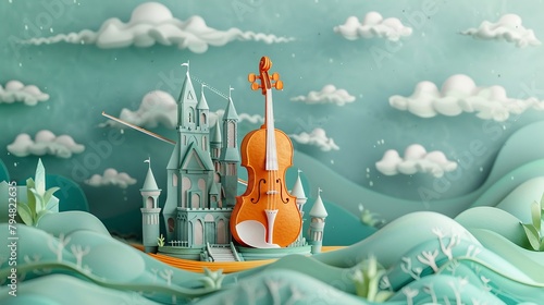 A whimsical paper art piece merging musical and fantasy elements featuring a violin with a beautifully crafted castle in a surreal artistic landscape