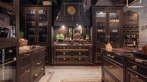 Market display featuring luxury brown kitchen cabinets with vintage-inspired golden handles