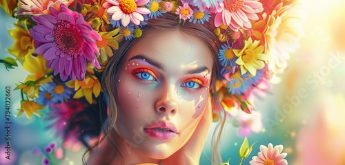 Spring Woman. Beauty Summer model girl with colorful flowers wreath and colorful hair
