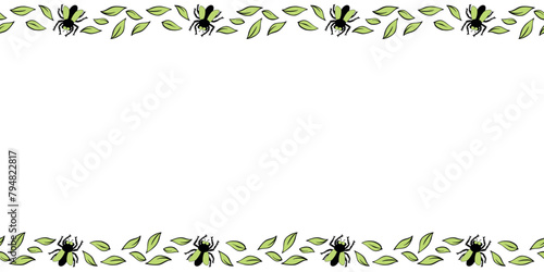 Vector border, frame from of flies, leaves in doodle flat style. Horizontal top and bottom edging, decoration of theme of insects, animals