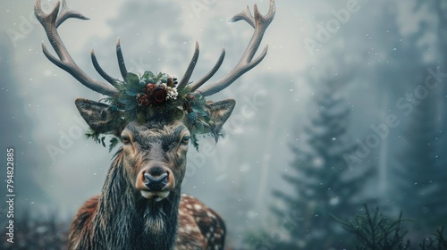 Closeup of a noble stag with a delicate floral crown surrounded by the misty ambiance of an ethereal forest crafted for a tranquil and mystical visual experience