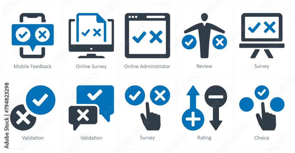 A set of 10 survey and ratings icons as mobile feedback, online survey, online administrator