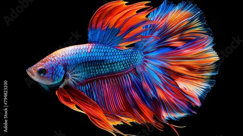 Vivid portrait of a vibrant betta fish showcasing its splendid flowing fins in a burst of iridescent colors ideal for aquatic life themes