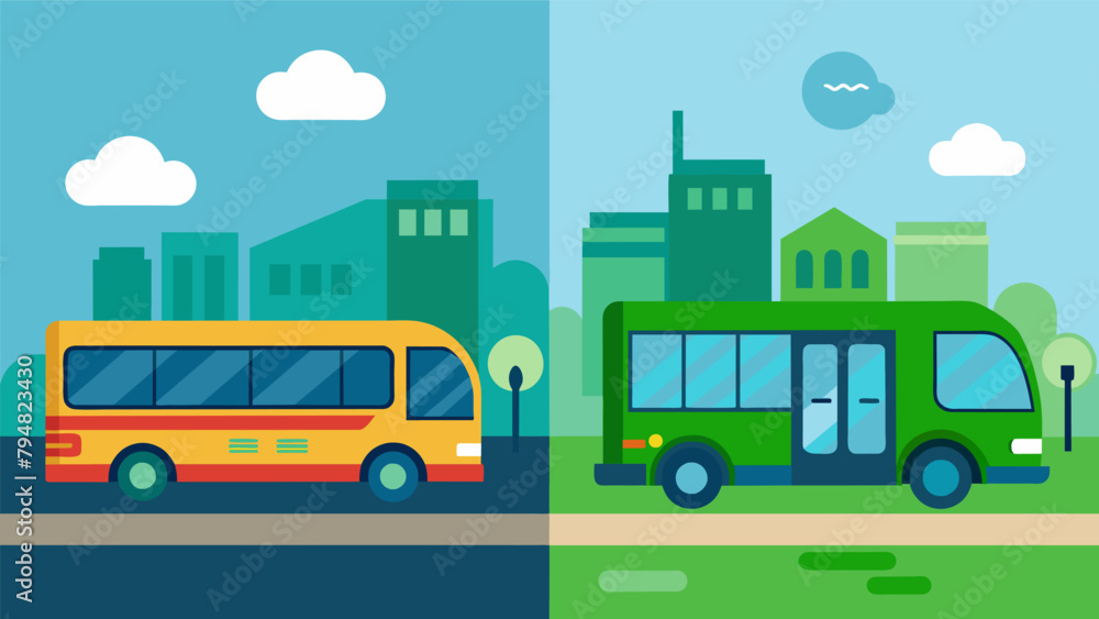 A before and after image of a polluted city street with traditional diesel buses lined up compared to a clear electric busonly route. A before and after image of a polluted city street with traditional diesel buses lined up compared to a clear electric busonly route.