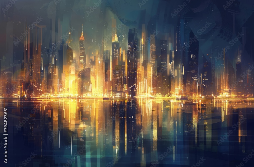 Obraz premium evening city skyline, colorful wallpaper skyline of a city on a lake