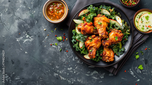 Delight in the juxtaposition of crispy golden fried chicken wings nestled next to a refreshing kale and apple salad, lightly dressed with a tantalizing vinaigrette. Captured in a top-down wide-angle 