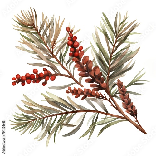 Watercolor illustration of hawthorn branch with berries and leaves.