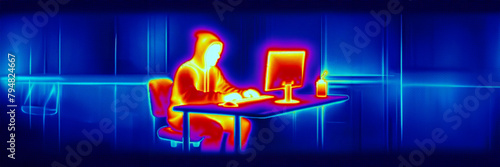A thermal imaging representation of a hacker in action formatted in a 3x1 aspect ratio. The image should show a figure seated at a computer desk monitored by the authorities.