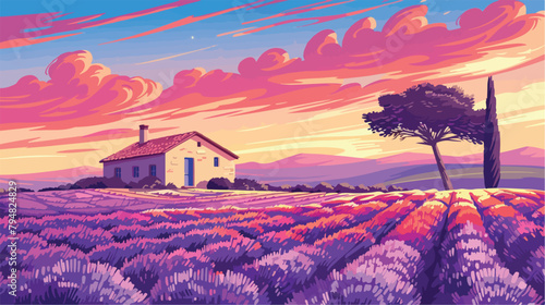 Small house with cypress tree in lavender fields 