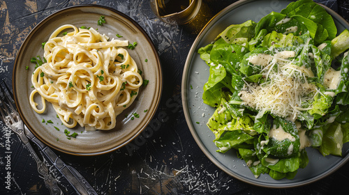 Indulge in the decadent allure of rich, creamy fettuccine Alfredo served elegantly on a sleek plate, accompanied by a crisp Caesar salad generously sprinkled with savory parmesan shavings.