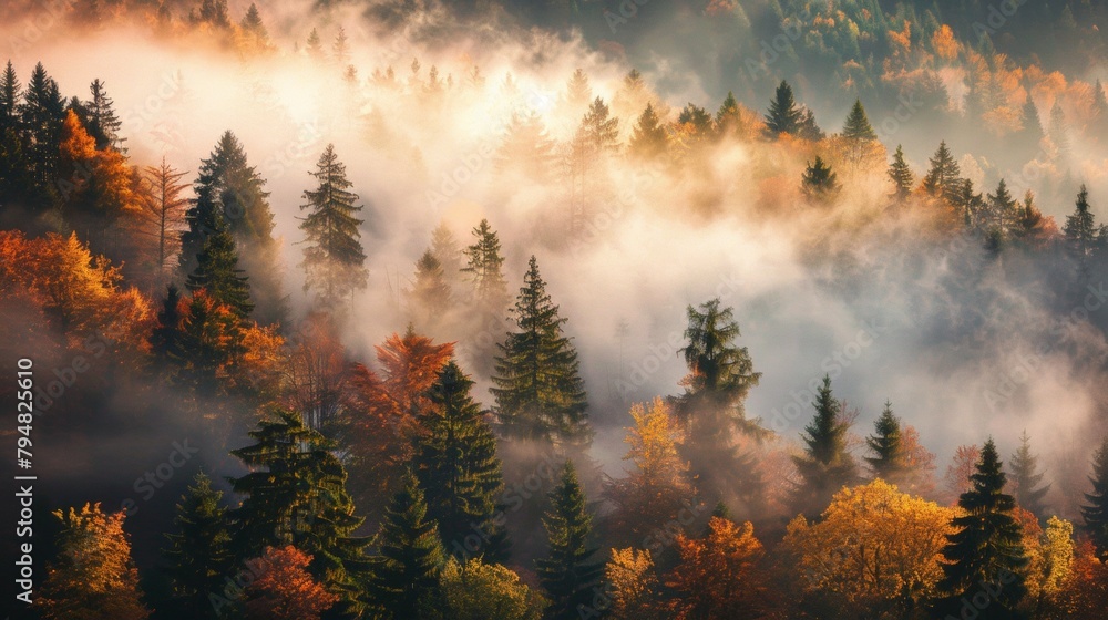 Naklejka premium Mystical Autumn Fog in Black Forest, Germany - Enchanting Landscape with Rising Fog, Autumnal Trees, and Firs - Generative AI --ar 16:9 --style raw Job ID: 05562471-84b6-448c-a5e0-fe6a418f8686