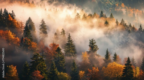 Mystical Autumn Fog in Black Forest, Germany - Enchanting Landscape with Rising Fog, Autumnal Trees, and Firs - Generative AI --ar 16:9 --style raw Job ID: 05562471-84b6-448c-a5e0-fe6a418f8686 © PapatoniC