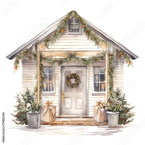 Watercolor christmas house with christmas decorations. Hand drawn illustration