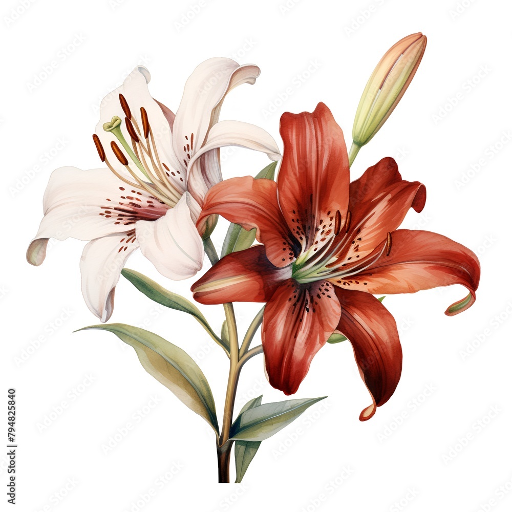 Naklejka premium Beautiful vector image with nice watercolor lily flowers on white background