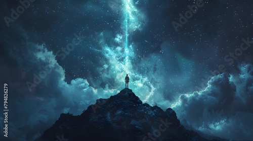 Silhouetted person standing atop a mountain peak, witnessing an awe-inspiring cosmic phenomenon in the star-studded night sky, Digital art style, illustration painting. photo