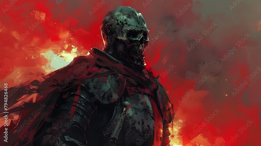 A cybernetic warrior stands engulfed in a haunting red haze, his metallic skull gleaming ominously, epitomizing the fusion of man and machine in a post-apocalyptic world.