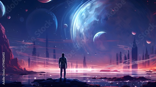 An explorer stands before a stunning planetary alignment, witnessing the awe-inspiring beauty of an alien world's horizon filled with celestial bodies, Digital art style, illustration painting. photo