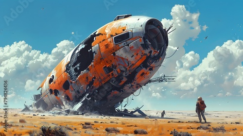 Surviving astronauts approach a crashed spaceship in a desolate desert landscape, with remnants of their once-mighty vessel scattered around them, Digital art style, illustration painting.