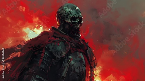 A cybernetic warrior stands engulfed in a haunting red haze, his metallic skull gleaming ominously, epitomizing the fusion of man and machine in a post-apocalyptic world. © Sak
