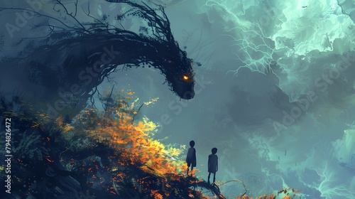 Two children encounter a mythical creature hidden within the ethereal mists of a mystical forest, a moment frozen between wonder and fairy-tale mystery, Digital art style, illustration painting. photo