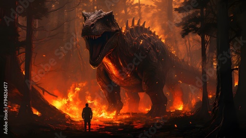 A person confronts a daunting dinosaur amongst the fierce flames consuming a once peaceful forest, encapsulating a moment of courage and primordial chaos, Digital art style, illustration painting. photo