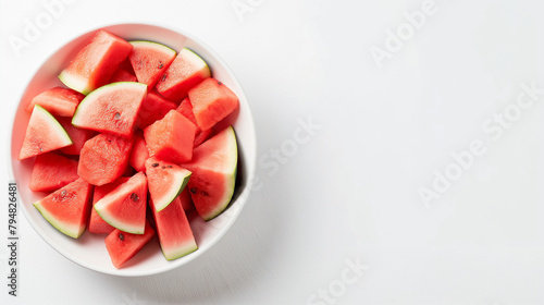 Watermelon chunks in a bowl on a white table top view space on the right